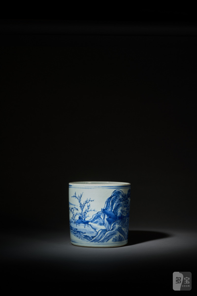 清康熙 青花山水松阁图笔筒 - 图3